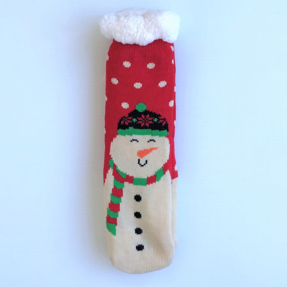 Happy Snowman Red Sherpa Lined Slipper Socks
